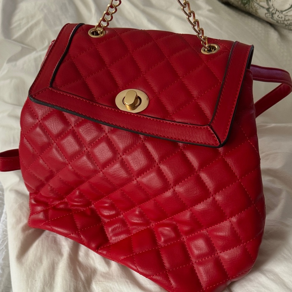 Red Quilted Faux Leather Backpack